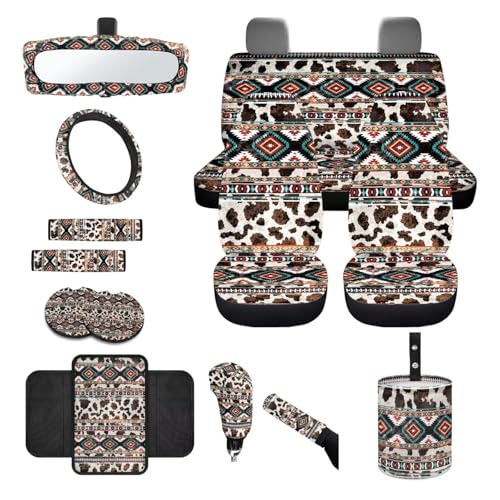 Wanyint Car Seat Cover Full Set with Steering Wheel Seat Belt Pads Coasters Waste Bin Armrest Pad Cup Holders Rearview Mirror Handbrake Cover Set Auto Decor, 14 PCS, Aztec Navajo Cow Print - color: Aztec Navajo Cow Print