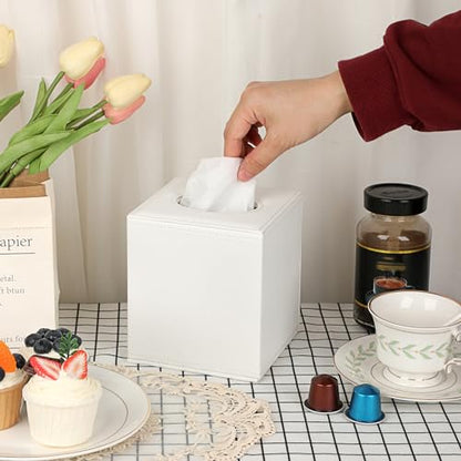 Sumnacon Tissue Box Cover Square Tissue Box Stylish PU Tissue Box Holder with Magnetic Bottom, Cube Leather Tissue Cover for Living Room Bathroom Table Desk Home Office Car,White - color: White