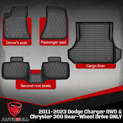 Floor Mats & Cargo Liner Compatible with 2011-2023 Dodge Charger RWD & Chrysler 300 Rear-Wheel Drive ONLY Cargo Mat, Full Set All Weather Protection 1st, 2nd Row Car liners & Trunk Mat, Black - style: Dodge Charger RWD 2011-2023