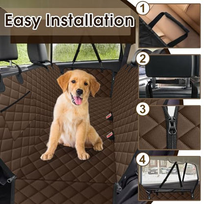 Waterproof Dog Car Seat Cover for Back Seat - Durable, Scratch Proof Pet Hammock with Nonslip Design & Storage Pockets, Fits Cars, SUVs, Trucks - L, Coffee/Black