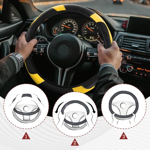 Car Steering Wheel Cover, Steering Wheel Protector, Universal 14.5-15 Inch Microfiber Leather Breathable Auto Steering Wheel Covers, Carbon Fiber Steering Wheel Cover for Women Men (Yellow) - color: Yellow
