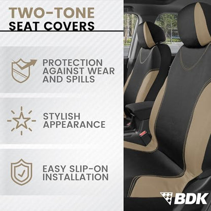 BDK UltraSleek Beige Seat Covers for Cars Full Set, Two-Tone Front Seat Covers with Matching Back Seat Cover, Stylish Car Seat Protectors with Split Bench Design, - color: Beige