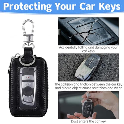 Car Key Case, Universal Leather Key Fob Holder with Metal Hook & Window for Cars Keychain, Remote Keys Fobs
