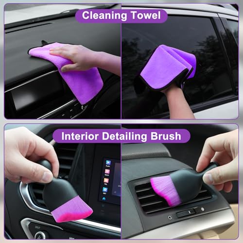 Windshield Cleaner Tool, 17Pcs Purple Car Interior Cleaning Kit, Detailing Kit Cleaner, Detailing Brush, Cleaning Gel, Inside Cleaning Supplies Accessories for Trucks, SUVs, RVs Window