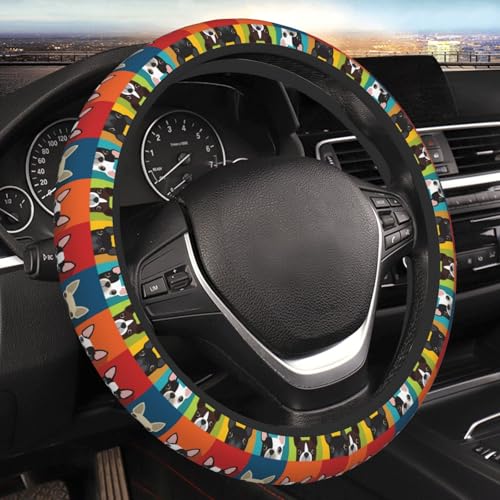 Cartoon Boston Terriers Bulldog Elastic Steering Wheel Cover Non-Slip Breathable Steering Wheel Protector Fit Auto, SUVs, Truck - color: Cartoon Boston Terriers Bulldog
