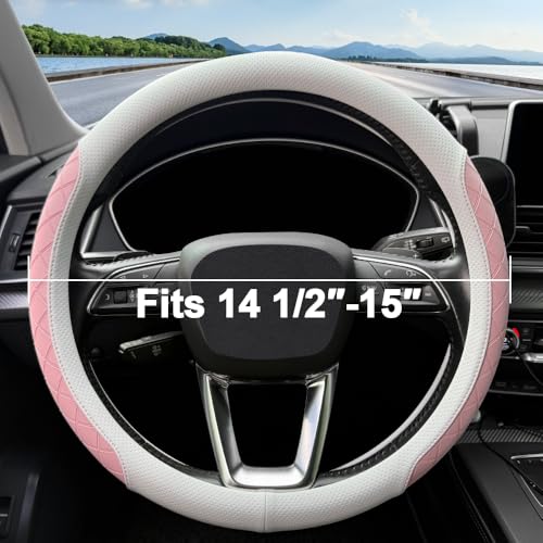LKWLIKEI Nappa Leather Steering Wheel Cover,Elegant Diamond Checkered Design, Non-Slip wear-Resistant, Enhance Driving Comfort, Suitable for Steering Wheel Diameter 14 1/2‘-15’ Models.White and Pink - color: White and pink