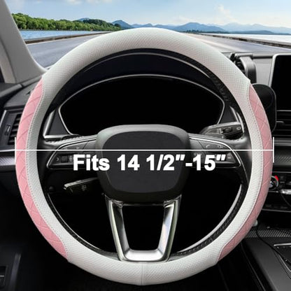 LKWLIKEI Nappa Leather Steering Wheel Cover,Elegant Diamond Checkered Design, Non-Slip wear-Resistant, Enhance Driving Comfort, Suitable for Steering Wheel Diameter 14 1/2‘-15’ Models.White and Pink - color: White and pink