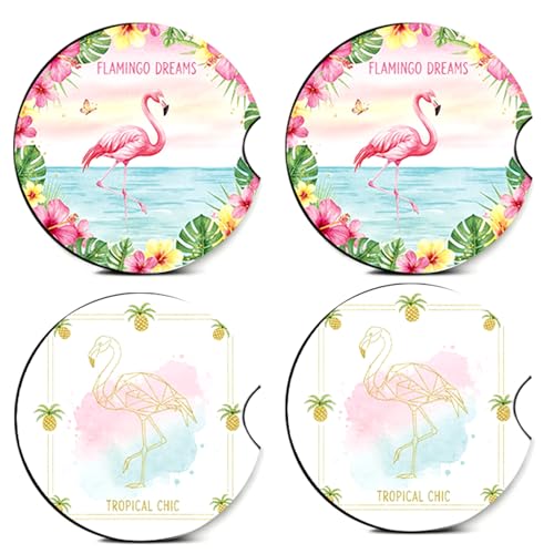 4PCS Flamingo Car Coasters,Car Coasters for Cup Holder,Flamingo Cars Accessories Interior Decor Universal Neoprene 2.75" Anti-Slip Rubber Mat with Finger Slot,Gifts for Women,Men,Driver - color: Flamingo