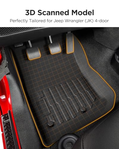 Car Floor Mats for Jeep Wrangler JK Unlimited: 2007–2018 4-Door (NOT for JL/2-Door or 4x4), Custom Fit for Unilmited Sahara Rubicon All-Weather Anti-Slip Floor Liners, 1st & 2nd Row