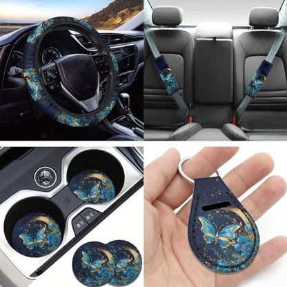 11Pcs Butterfly Car Accessory Interior Full Sets Blue Moon Butterfly Car Seat Covers Auto Seat Protection with 15Inch Neoprene Steering Wheel Cover Seatbelt Pads Keychain Seatbelt Pad - color: Blue Butterfly