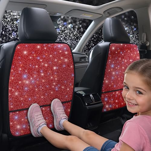 Luxury Bling Car Seat Back Protectors with Pockets – Sparkling Rhinestone Kick Mats, Universal Fit PU Leather Back Seat Covers for SUV Leather Seats, Diamond Protectors for Girls Red 2pcs - color: Red 2Pcs