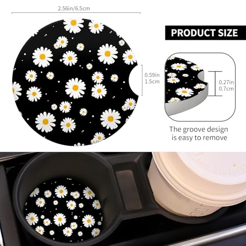 2 Pack Universal Ceramic Car Coasters，Ceramic Stone with A Finger Notch for Easy Removal of Car Cup Holder Coaster(Daisy Black) - color: Daisy Black