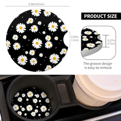2 Pack Universal Ceramic Car Coasters，Ceramic Stone with A Finger Notch for Easy Removal of Car Cup Holder Coaster(Daisy Black) - color: Daisy Black