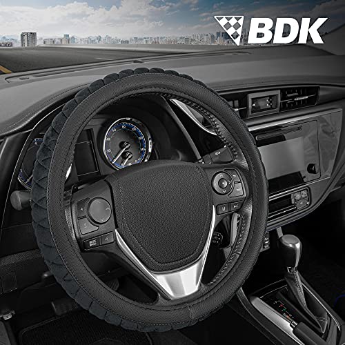BDK GripTech Plush Fuzzy Steering Wheel Cover for Car Truck Van SUV, Standard 15 inch Size, Soft Black Fluffy Exterior, Comfortable Ergonomic Car Steering Wheel Cover - color: #40 Black Plush Grip, size: Fits 14.5 - 15" SW