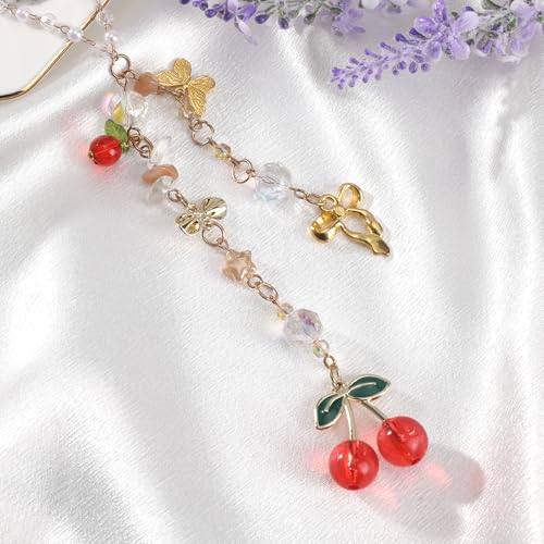 Cherry Bow Rear View Mirror Charm - Gold Crystal Bead Car Suncatcher Pendant, CherrIies Hanging Ornament for Car Accessories, Aesthetic Gift for Women New Driver Friends - style: Cherry Bow