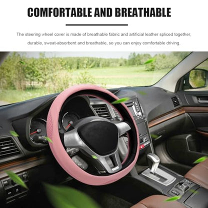 Car Steering Wheel Cover, Leather Breathable Ice Silk Auto Wheel Wrap with Anti-Slip Lining, Scratch-Resistant Elastic Protector Fit for 14.5-15 Inch Steering Wheels (Pink) - color: Pink