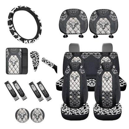 Highland Cow Printed 16 Pcs Car Interior Accessories, Car Seat Covers Sets with Steering Wheel Cover Armrest Pads Seatbelt Cover Headrest Protector Handbrake and Gear Shift Covers Set Coaster - color: Gray and White - Highland Cow