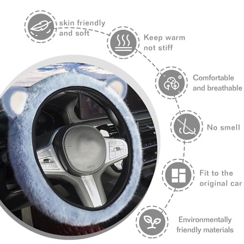 Car Steering Wheel Cover, Cute Steering Wheel Protector with Kitty Cat Ears,Fluffy Soft Plush for Winter Warm, Universal Fit 15 inches for Car,SUV, Elastic & Anti-Slip (Blue) - color: Blue