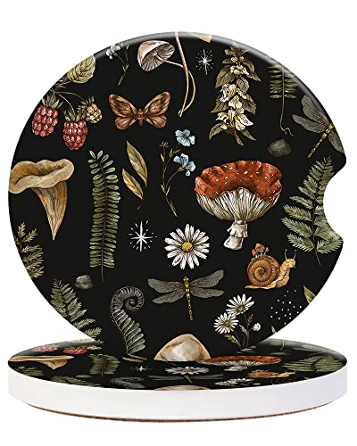 CLEVI 2 Pack Universal Ceramic Car Nature Mushroom Pattern,Vintage Ceramic Stone with A Finger Notch for Easy Removal of Car Cup Holder Coaster - color: Nature Mushroom