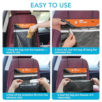 50 Pcs Disposable Car Trash Bags – Leakproof & Odor-Lock 2 Gallon Hanging Auto Garbage Bags – Hanging from Headrest/Easy Stick-On Trash Can for Car, Truck, SUV, Travel & Ride-Share
