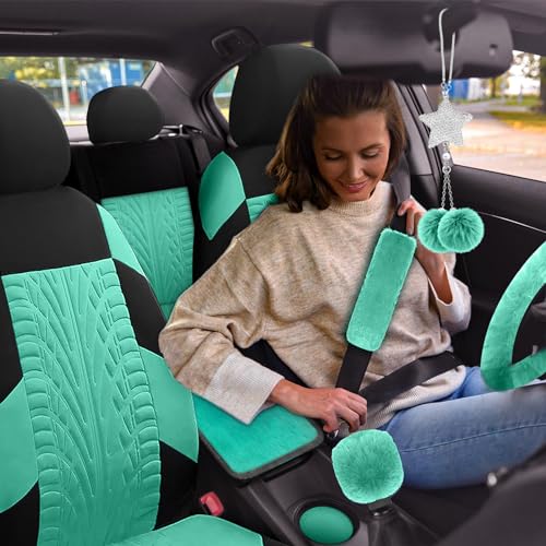 17 Car Seat Cover Full Set for Women,Universal Car Seat Cover,Plush Steering Wheel Cover,Fluffy Soft Wool Handbrake Gear,Suspension Accessories Full SUV (Patterned Mint Green) - color: Patterned Mint green