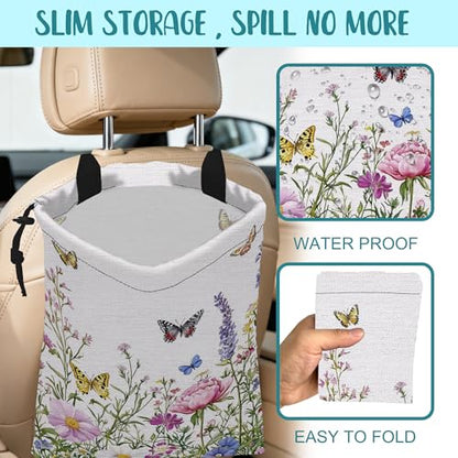 Car Garbage Bag Watercolor Butterfly Wildflower Drawstring Car Trash Bag Hanging for Back Seat with Adjustable Buckle Canvas Vehicle Trash Can Easy-to-Install - color: Watercolor Butterfly Wildflower