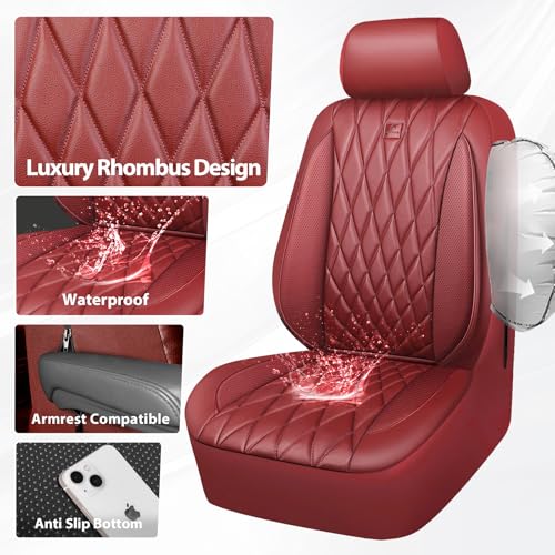 CAR PASS Piping Luxury Faux PU Leather Two Front Car Seat Covers, Waterproof Anti Slip Premium Automotive Seat Covers,Universal Fit for Suvs,Vans,Trucks, Armrest Airbag Compatible, Burgundy Red - color: All Red Burgundy, size: Two Front