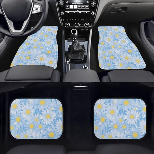 Daisy Car Rubber Floor Mat 4PCS, Blue Flower Field Front and Rear Mats, Countryside Fresh Flower Non-Slip Floor Mats Heel Pad Fit for SUV Van Truck Car - color: Blue Daisy Flower Field