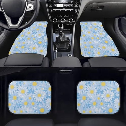 Daisy Car Rubber Floor Mat 4PCS, Blue Flower Field Front and Rear Mats, Countryside Fresh Flower Non-Slip Floor Mats Heel Pad Fit for SUV Van Truck Car - color: Blue Daisy Flower Field