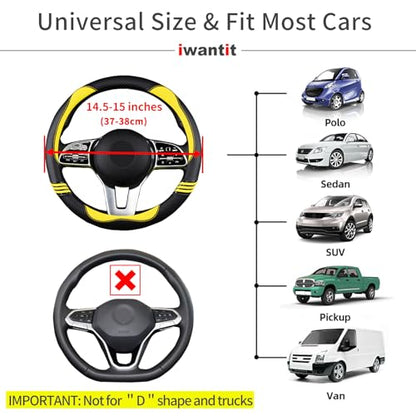 Iwantit® Steering Wheel Covers with Leather and Anti-Slip Rubber Ring, Universal Fit 14.5-15 inches for Cars,SUV (Yellow/Black)