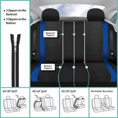 FH Group Full Set Cloth Car Seat Covers for Low Back Front Seat Covers, Airbag Compatible, Split Bench Rear Seat, Universal Fit, Washable Seat Cover for SUV, Sedan, Van, Blue