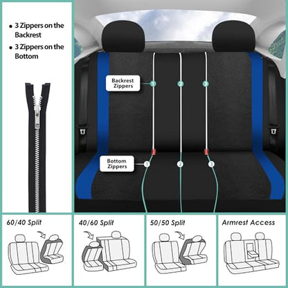 FH Group Full Set Cloth Car Seat Covers for Low Back Front Seat Covers, Airbag Compatible, Split Bench Rear Seat, Universal Fit, Washable Seat Cover for SUV, Sedan, Van, Blue