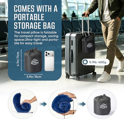 SkytraxComf® Travel Neck Pillow with Hood for Privacy on Long Flights | Memory Foam | Airplane Sleep | Safety-Tested Materials | Extra Large Hood | Chin Support | Earplugs | Washable Cover