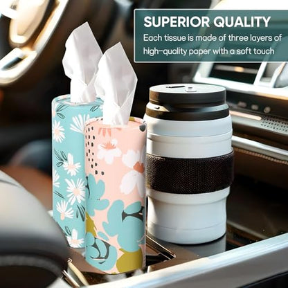 Wuyaoyao 4PCS Car Tissue Holder, Auto Travel Kleenex Holder with Facial Tissues, Cylinder Tissue Boxes for Auto Cup Holder, Refill Automotive Tissue Box Round Container, Universal Car Accessories