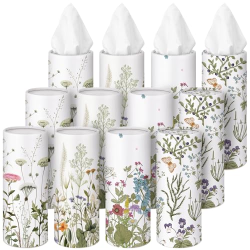 12 Pack Flowers and Plants Tissue Cylinder Holder Bulk with 3 Ply Facial Tissues Wildflower Round Napkin Holders Cylinder Colorful Travel Paper Tubes Bulk Napkin for Spring Travel Home Decor - style: Flowers and Plants