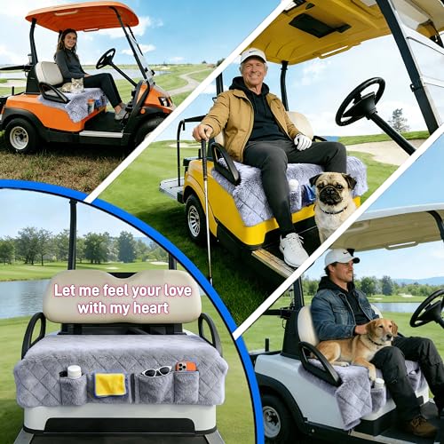 Golf Cart Seat Covers, Quilted Thickened Plush Seat Blanket with Non-Slip Backing, 4 Front Pockets, Soft & Comfortable, Fit EZGO, Yamaha, Club Car and Other 2-Seat Golf Carts, 51"x 33"