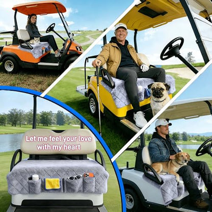 Golf Cart Seat Covers, Quilted Thickened Plush Seat Blanket with Non-Slip Backing, 4 Front Pockets, Soft & Comfortable, Fit EZGO, Yamaha, Club Car and Other 2-Seat Golf Carts, 51"x 33"