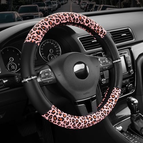 Road Comforts Leopard Steering Wheel Cover for Women, Cute Anti-Slip Microfiber Leather, Fits 14.5-15 Inch Steering Wheel 14.5-15 Inch - Black and Pink Cheetah - color: Round-Black&Pink Leapord