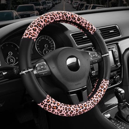 Road Comforts Leopard Steering Wheel Cover for Women, Cute Anti-Slip Microfiber Leather, Fits 14.5-15 Inch Steering Wheel 14.5-15 Inch - Black and Pink Cheetah - color: Round-Black&Pink Leapord