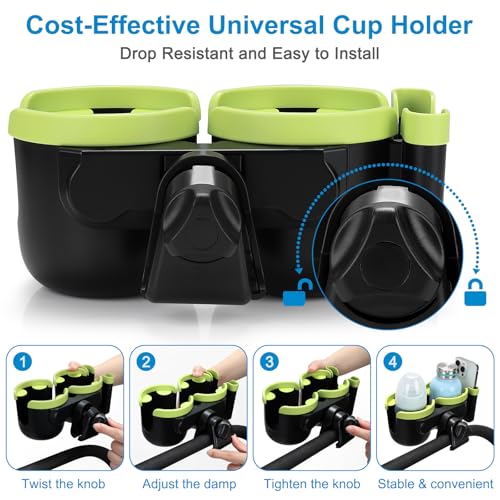 Accmor Stroller Cup Holder with Phone Holder, Bike Cup Holder, Universal Cup Holder for Uppababy Nuna Doona Strollers, 2-in-1 Cup Holder for Walker, Wheelchair, Scooter - color: Double Holder-Green