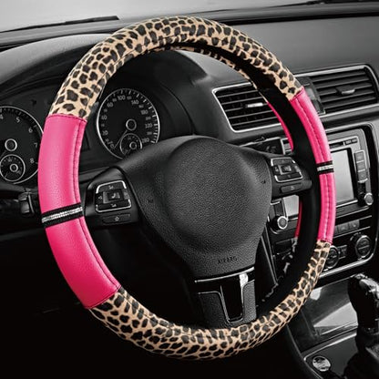 Road Comforts Leopard Steering Wheel Cover for Women, Cute Anti-Slip Microfiber Leather, Universal Fit 14.5-15 Inch Round Steering Wheel - HotPink - color: Round HotPink