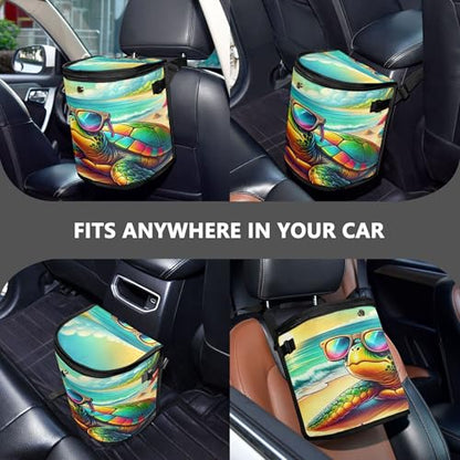 MNSRUU Car Trash Can with Lid, Turtle Wearing Sunglasses Car Trash Bag Hanging Organizers and Storage for Front Back Seat, Leak-Proof Trash Bin - color: Cat I8055A
