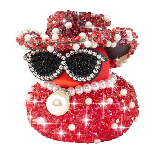 wonuu Pearl Diamond Rubber Duck Car Ornaments Dashboard Decorations for Cute Car Accessories, Red - color: Red