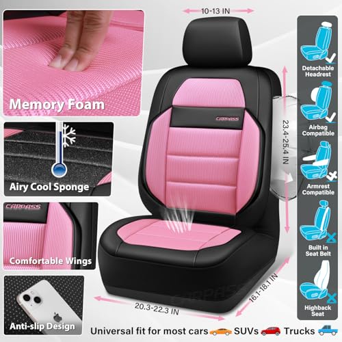 CAR PASS Memory Foam Seat Covers Full Sets, Airy Cool Mesh Thick Car Seat Covers Women, Leather Car Seat Covers 5 Seats Airbag Compatible, Universal Automotive Comfort for Cars, Trucks, SUV, Pink - color: pink