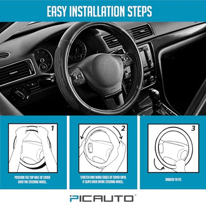 PIC AUTO Steering Wheel Cover, Black Thick Rhombic Foam and Premium Leather, Universal 14.5-15.5 Inch Breathable Anti-Slip Steering Wheels Accessories for Men & Women - color: Black