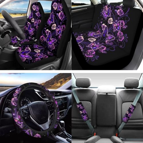 Butterfly Flower Print Car Accessories Sets, Cars Front Back Seat Covers Steering Wheel Covers Safety Belt Cover Arm Rest Covers Head Rest Cover Cup Holder Keychain, Universal Fits, 16 Piece - color: Purple and Black - Butterfly Flower