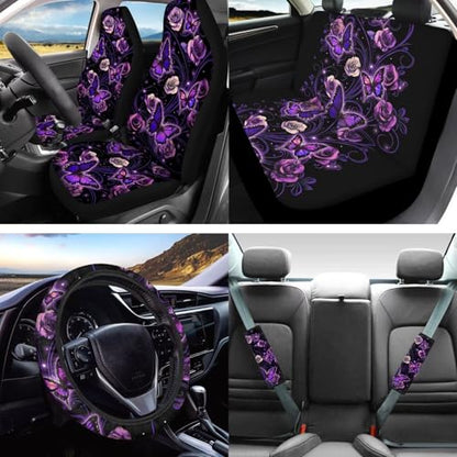 Butterfly Flower Print Car Accessories Sets, Cars Front Back Seat Covers Steering Wheel Covers Safety Belt Cover Arm Rest Covers Head Rest Cover Cup Holder Keychain, Universal Fits, 16 Piece - color: Purple and Black - Butterfly Flower