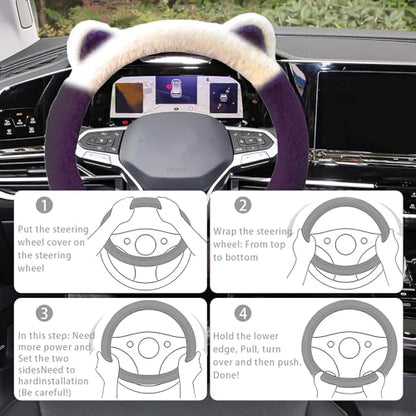 Car Steering Wheel Cover, Cute Steering Wheel Protector with Kitty Cat Ears,Fluffy Soft Plush for Winter Warm, Universal Fit 15 inches for Car,SUV, Elastic & Anti-Slip (White/Purple) - color: White/Purple