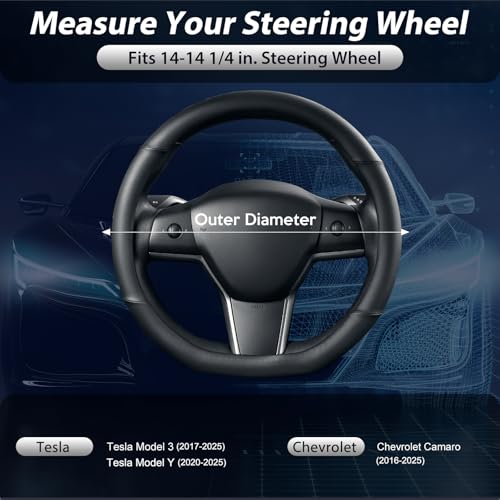 SEG Direct Flat Bottom Steering Wheel Cover, D Shaped Car Wheel Cover 14-14 1/4 in. (35.5-36 cm), for Tesla Model 3 / Y, for Camaro, Black Microfiber Leather