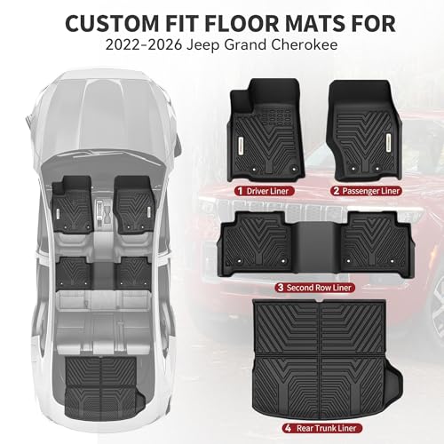 YITAMOTOR Floor Mats & Cargo Mats for Jeep Grand Cherokee 2022-2026 (Include 4xe NOT for L or WK), All Weather Custom Fit TPE Rubber Mat, Rugged Cherokee Accessories, Anti-Slip Floor Liners Set, Black - style: 2022-2026 Jeep Grand Cherokee (Not for L/WK)